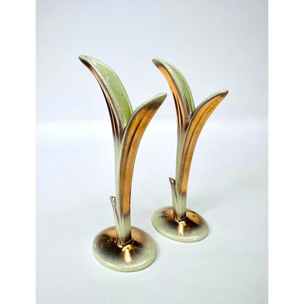 Pair 1950s Bud Vases Attributed to Bauer Pottery, Green and Gold